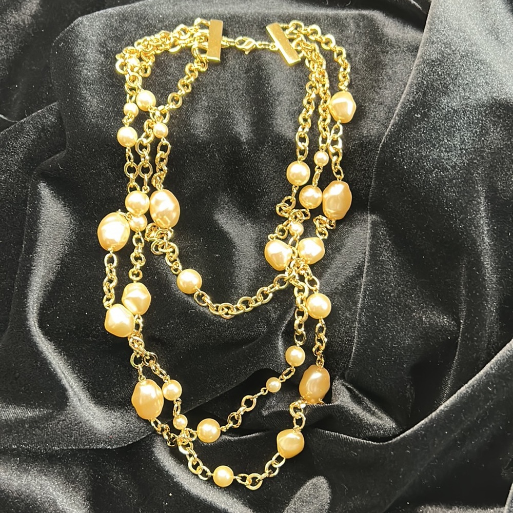 #38 Vintage Ciro Necklace, 3 Strands Large Link Gold Chain with Pearls, 18" + 3"